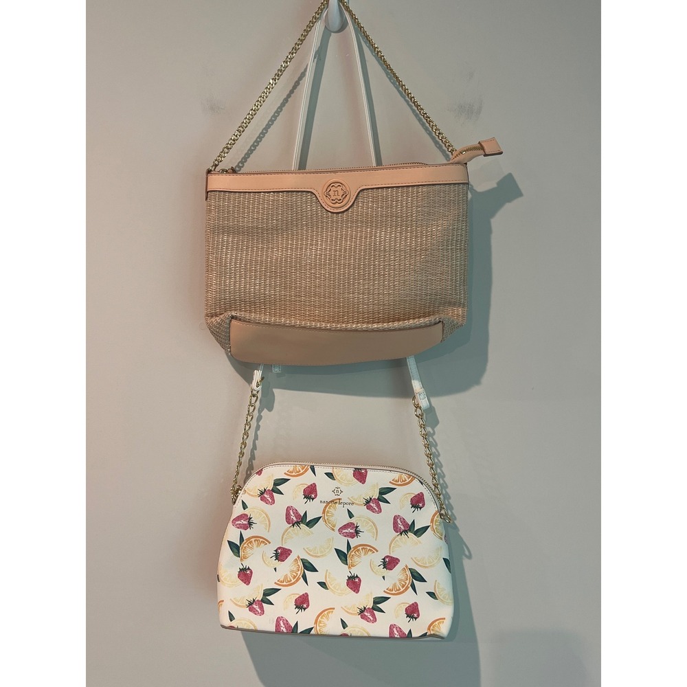 Nanette Lepore Handbag Bundle Fruit Print Crossbody and Woven Straw Shoulder Bag